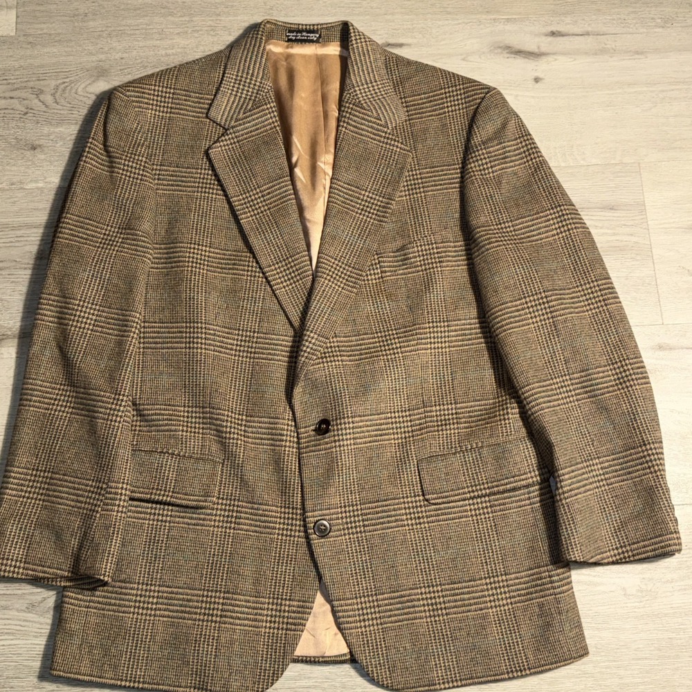Vintage Camel Hair Single Breasted Blazer Men's L (Estimated) Brown Plaid‎